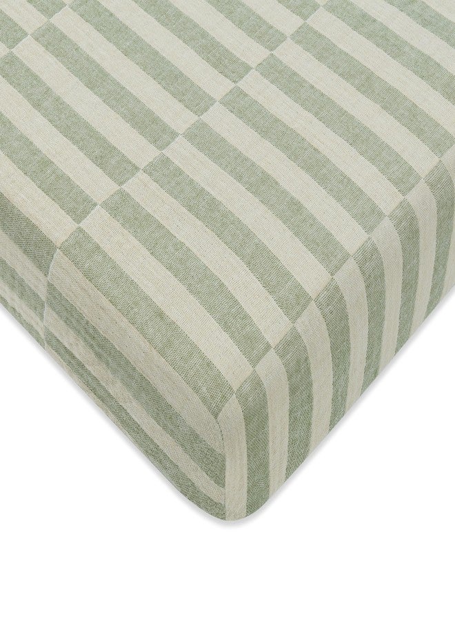 Babyletto 100% Organic Cotton Mini Crib Sheet, GOTS-Certified, Fitted 360°, Ultra-Soft and Breathable Muslin - Moss Green Offset Stripe - Image 1