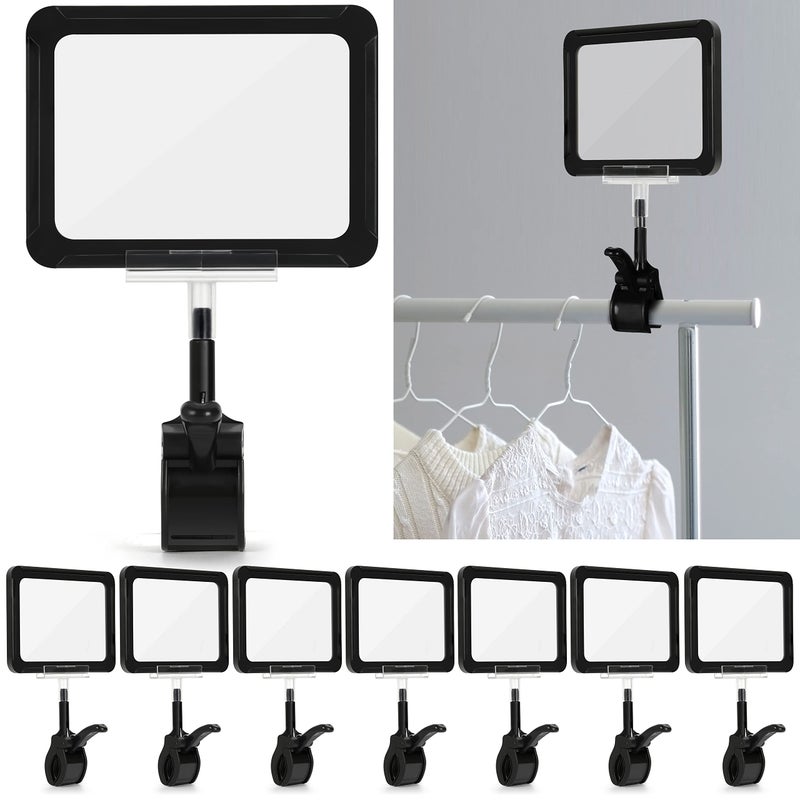 Mlici Acrylic Sign Holder with Clamp, 6 x 9 Inch Double Head Display Clips with PVC Card Protector, Rotating Sign Price Tag Clip On Sign Display for Hangrails or Tubes (Pack of 7) (Black) - Image 1