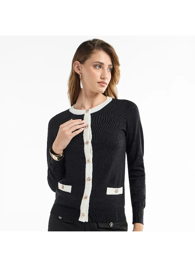 Splash FAV Solid Button Through Cardigan with Long Sleeves