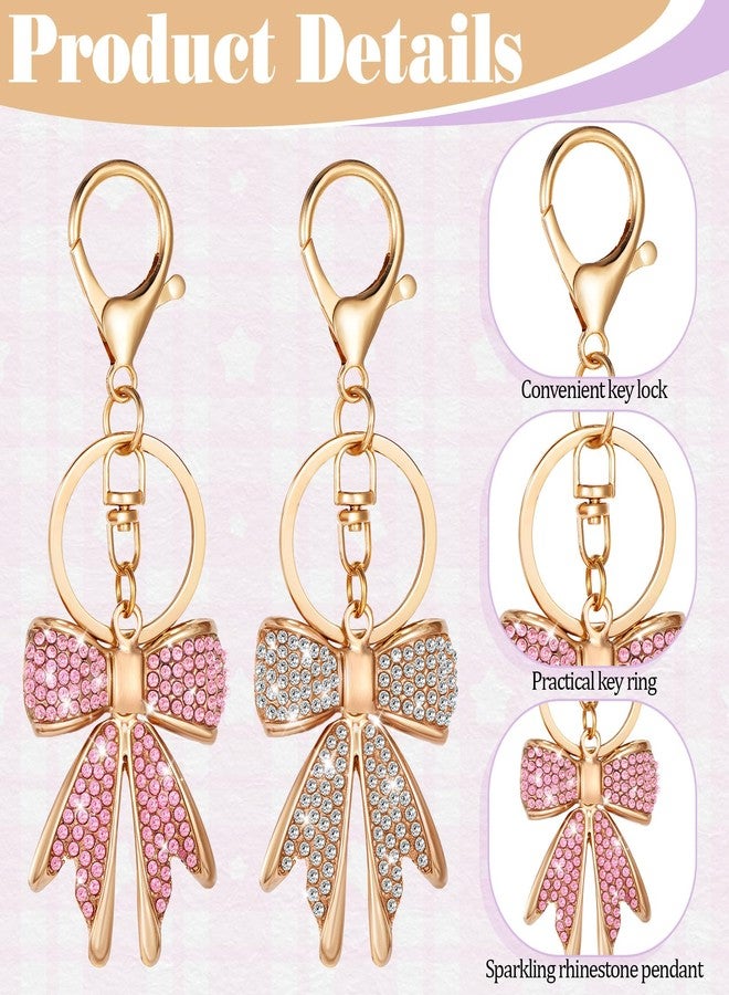 JIYIN 2 Pcs Cute Bow Keychain for Women, Sparkly Pink Rhinestone Bow Bag Charm Shiny Gold Plated Purse Charms Bow Knot Accessories for Handbags Backpack - Image 3