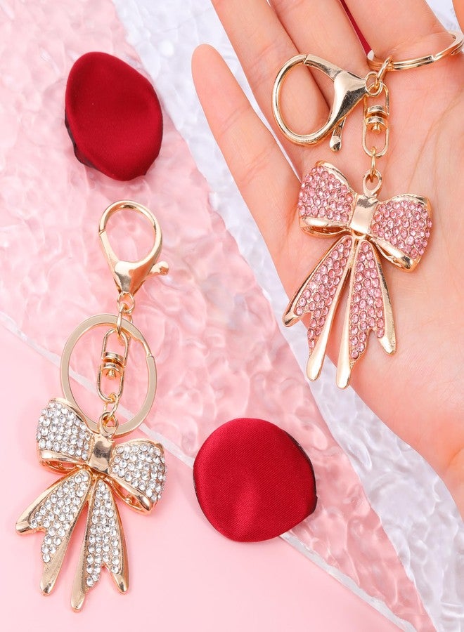 JIYIN 2 Pcs Cute Bow Keychain for Women, Sparkly Pink Rhinestone Bow Bag Charm Shiny Gold Plated Purse Charms Bow Knot Accessories for Handbags Backpack - Image 5