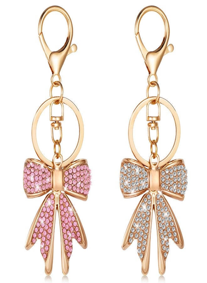 JIYIN 2 Pcs Cute Bow Keychain for Women, Sparkly Pink Rhinestone Bow Bag Charm Shiny Gold Plated Purse Charms Bow Knot Accessories for Handbags Backpack - Image 1