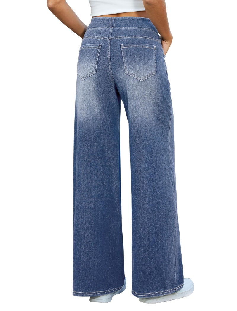 DLOODA Women's Wide Leg Jeans High Waisted Stretchy Denim Pants Elastic Waist Pull On Sweatpant Jeans Trendy Baggy Loose Sky Blue - Image 2