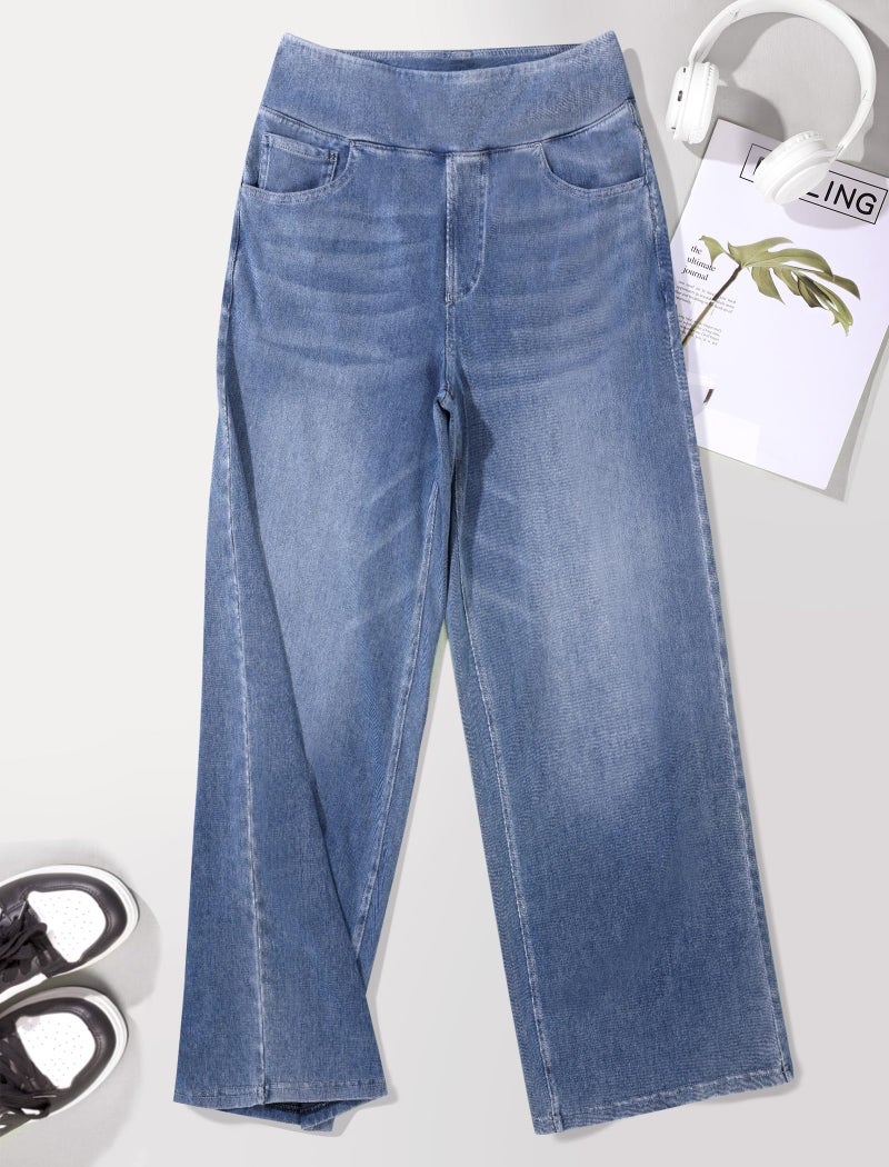 DLOODA Women's Wide Leg Jeans High Waisted Stretchy Denim Pants Elastic Waist Pull On Sweatpant Jeans Trendy Baggy Loose Sky Blue - Image 5