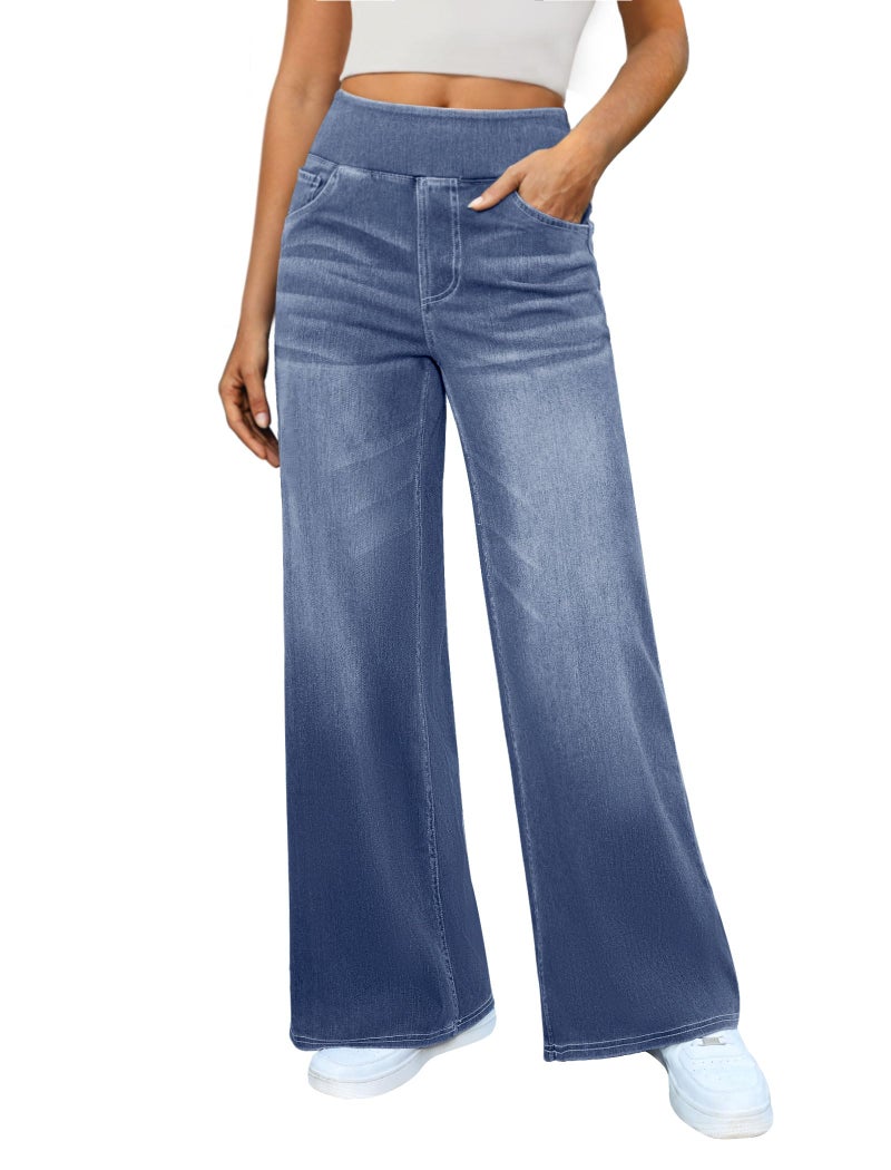 DLOODA Women's Wide Leg Jeans High Waisted Stretchy Denim Pants Elastic Waist Pull On Sweatpant Jeans Trendy Baggy Loose Sky Blue - Image 1