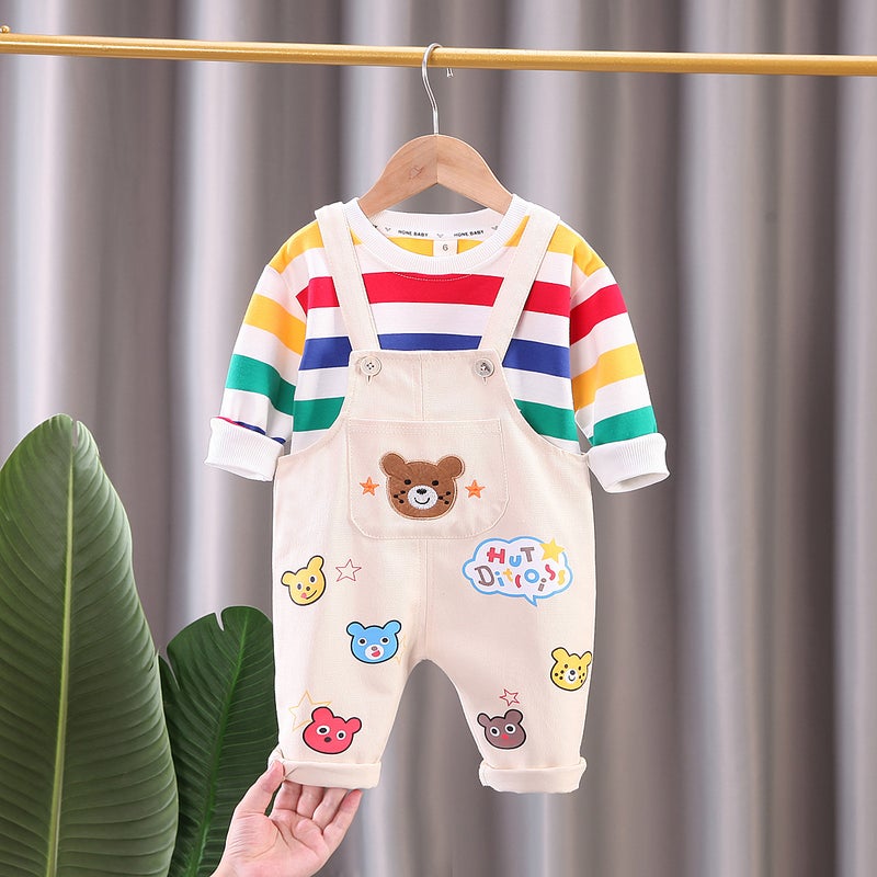 Baby cartoon suspenders Spring and Autumn New Baby children's clothing Western style autumn long sleeve two-piece fashion wholesale - Image 1
