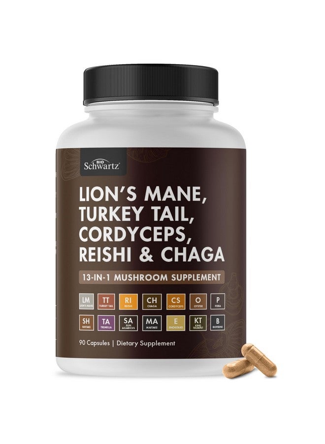 BioSchwartz Mushroom Complex - Organic Lions Mane Supplement Capsule with Reishi, Turkey Tail, Cordyceps, Shiitake, Chaga, Black Pepper for Max Absorption - Supports Energy, Focus, Memory, 90 Count - Image 1