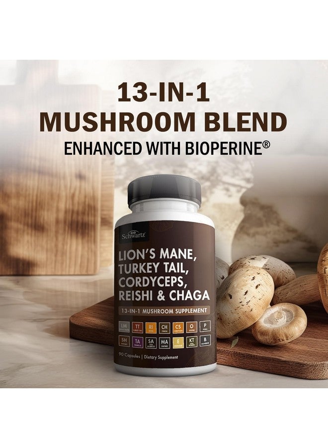 BioSchwartz Mushroom Complex - Organic Lions Mane Supplement Capsule with Reishi, Turkey Tail, Cordyceps, Shiitake, Chaga, Black Pepper for Max Absorption - Supports Energy, Focus, Memory, 90 Count - Image 4
