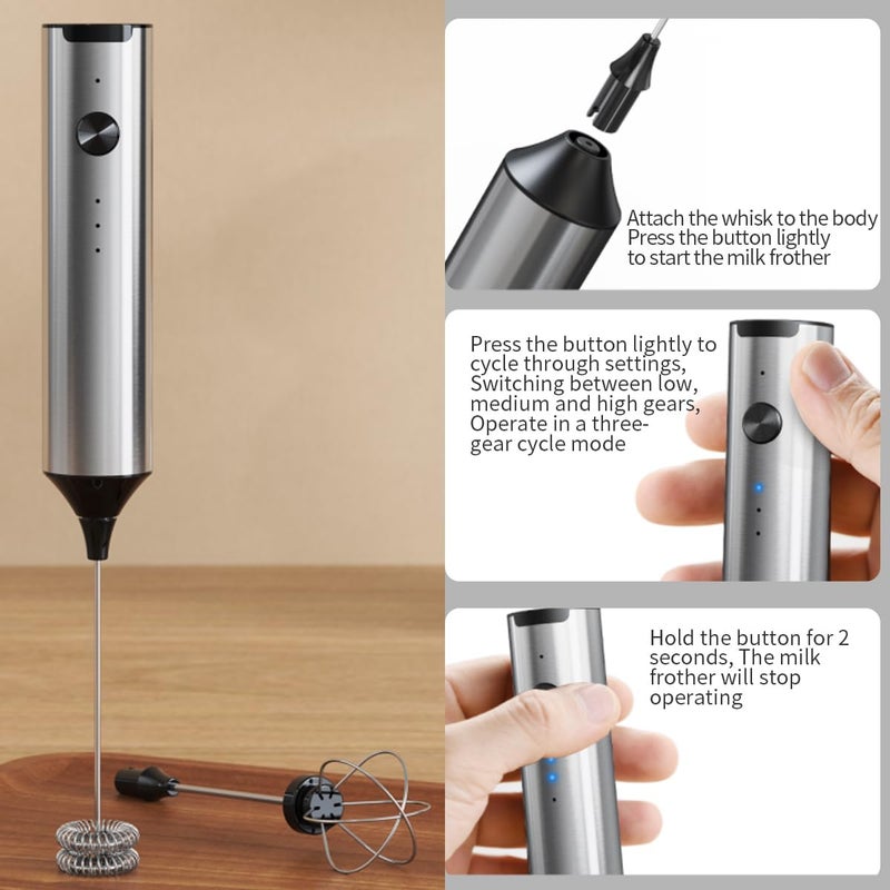 MITCMOLARD Coffee Mixer, Portable 1200 mAh USB Rechargeable, 2 Replace Steel Whisk | Durable Stainless Steel Milk Frother Handheld with 3 Speed Blender, Electric Milk Whisk for Latte, Cappuccinos, Eggs - Image 4
