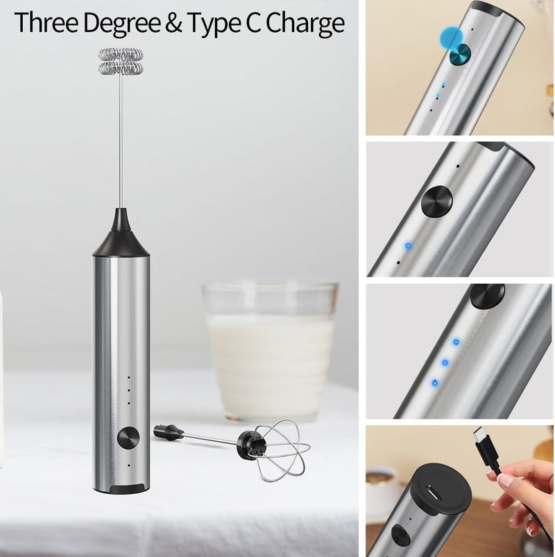 MITCMOLARD Coffee Mixer, Portable 1200 mAh USB Rechargeable, 2 Replace Steel Whisk | Durable Stainless Steel Milk Frother Handheld with 3 Speed Blender, Electric Milk Whisk for Latte, Cappuccinos, Eggs - Image 3