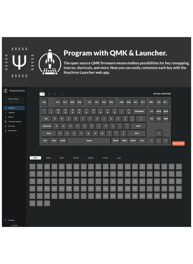 Keychron K8 Max QMK Wireless Mechanical Keyboard, 87-Key TKL (80%) ISO, Tri-Mode (2.4GHz/BT 5.1/Wired), Hot-Swappable Super Switches, RGB, Arabic/English PBT, 4000mAh Battery - Image 3