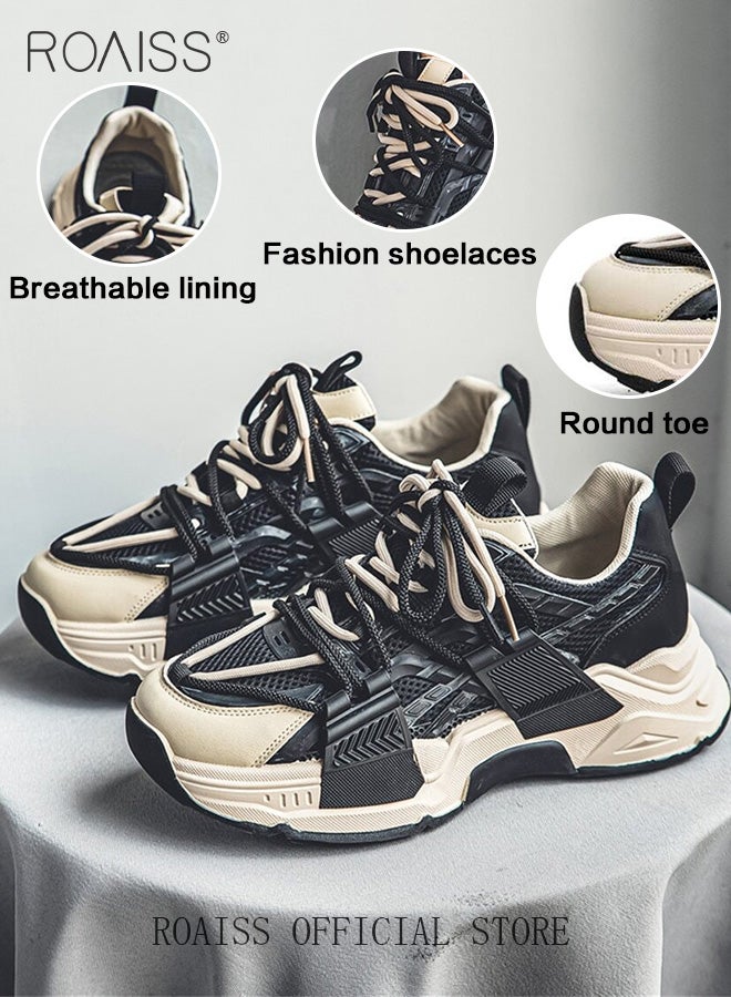 roaiss Men's Classic Platform Sneakersround Toe Lace-Up Comfortable Flat Shoes Lightweight Breathable Durable Non-slip Casual Shoes Low-Top Sneakers Versatile for Campus and Everyday Wear, Color Blocking - Image 2