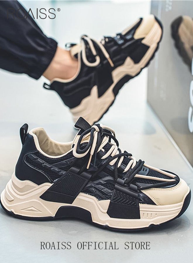 roaiss Men's Classic Platform Sneakersround Toe Lace-Up Comfortable Flat Shoes Lightweight Breathable Durable Non-slip Casual Shoes Low-Top Sneakers Versatile for Campus and Everyday Wear, Color Blocking - Image 1