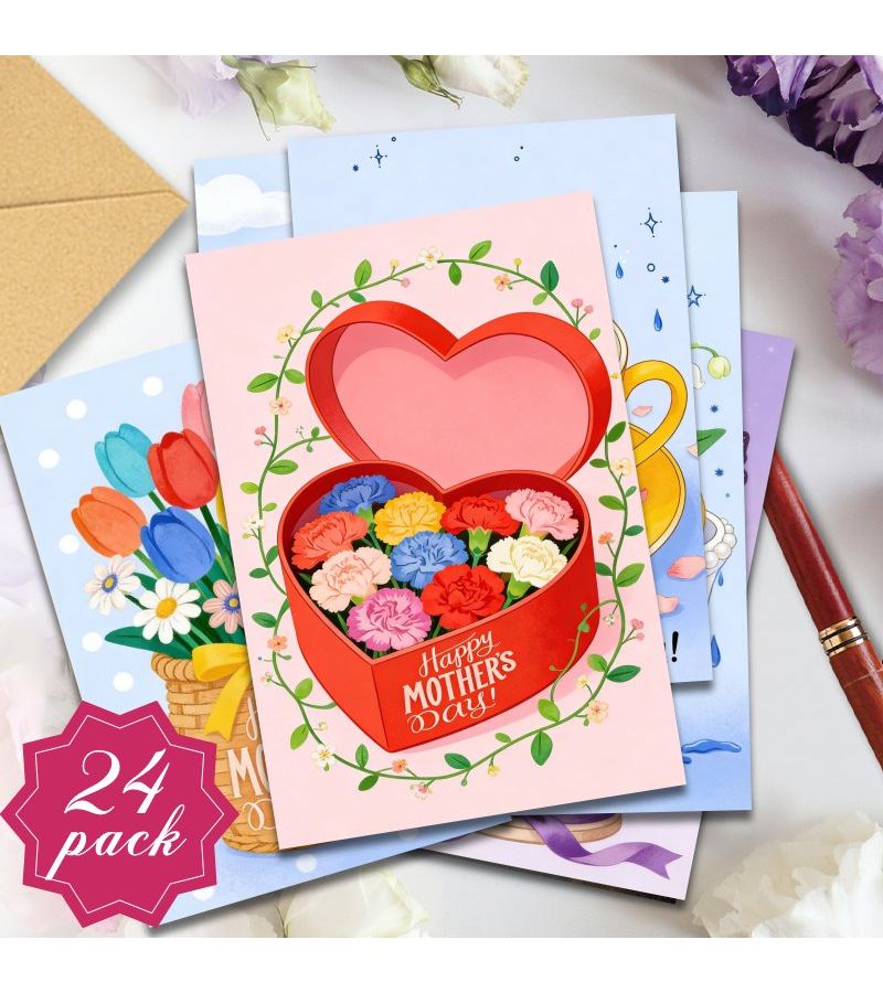 24pcs Greeting Card Set With Envelopes Heart Shaped Box For Mother S Day Birthday Thank You Cards Carnation Design All Occasion Paper Notes For Family Friends Gifts Parties - Image 2
