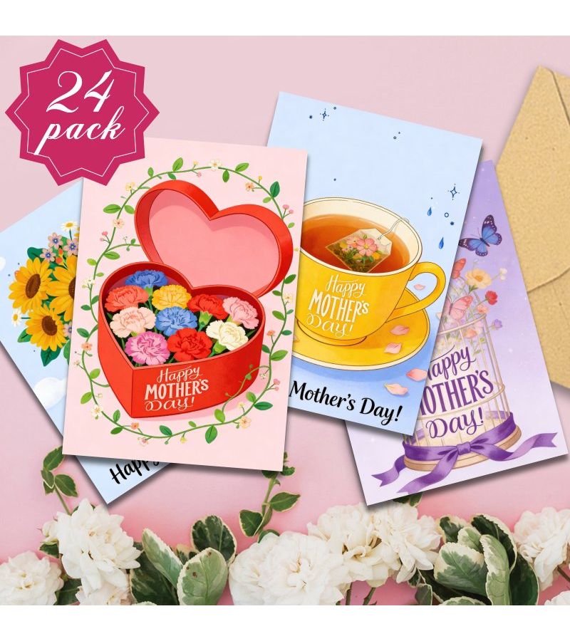 24pcs Greeting Card Set With Envelopes Heart Shaped Box For Mother S Day Birthday Thank You Cards Carnation Design All Occasion Paper Notes For Family Friends Gifts Parties - Image 3