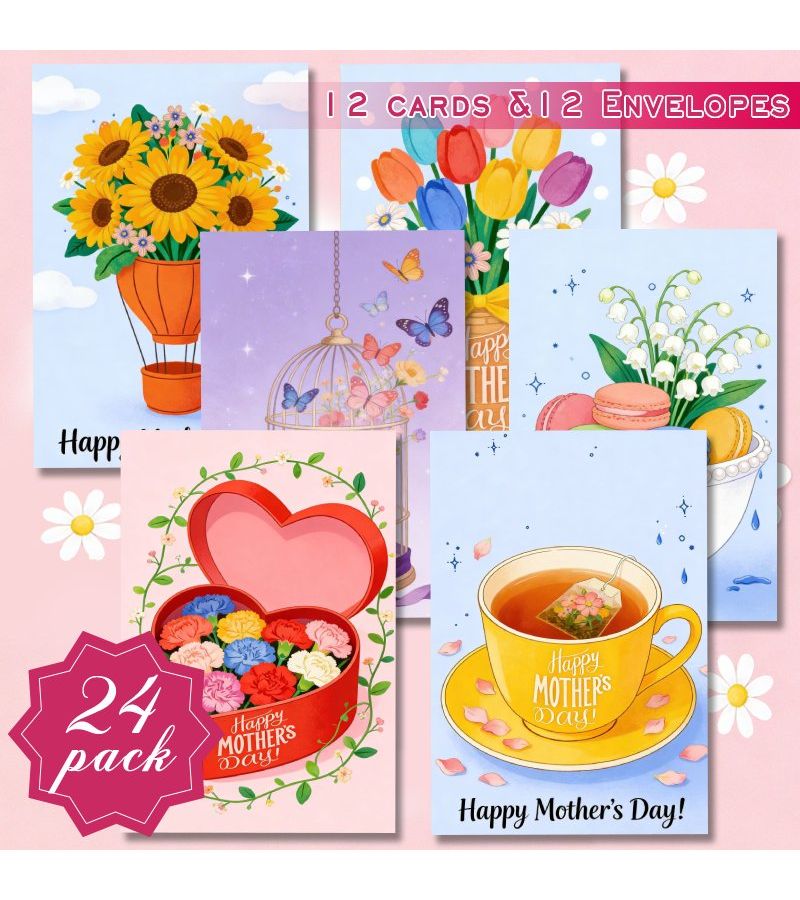 24pcs Greeting Card Set With Envelopes Heart Shaped Box For Mother S Day Birthday Thank You Cards Carnation Design All Occasion Paper Notes For Family Friends Gifts Parties - Image 1