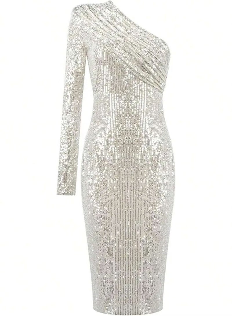 إسكدنيا فستان فضي بكتف واحد أكمام طويلة مرصع للنساء فساتين سهرة ضيق حفلة كوكتيل - Image 2