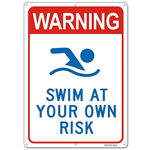 Uflashmi Warning Swim at Your Own Risk Pool Sign, Metal Pool signs for Outdoor, 10X14 in - Image 1