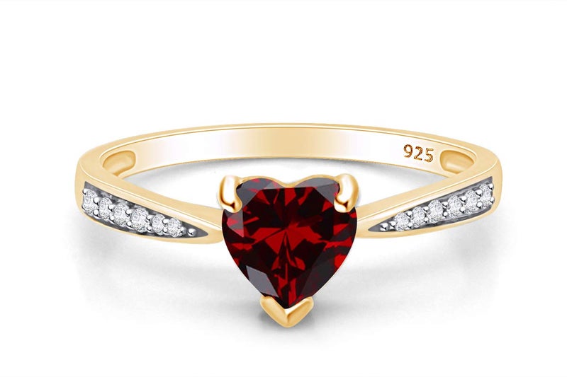 AFFY Solitaire Heart Promise Ring for Women Center 7MM Simulated Garnet with White CZ, Stackable Gemstone Ring in 14K Yellow Gold Plated 925 Sterling Silver, Jewelry Gift for Her Size-7 - Image 1