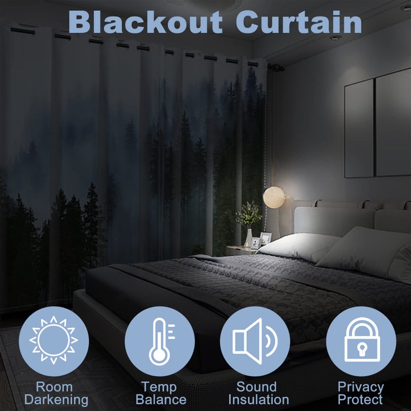 AWERT Blackout Curtains for Bedroom Light Blue Tree with Fog Nature Forest Curtains 2 Panels for Living Room Heat Blocking 42x84inch - Image 4