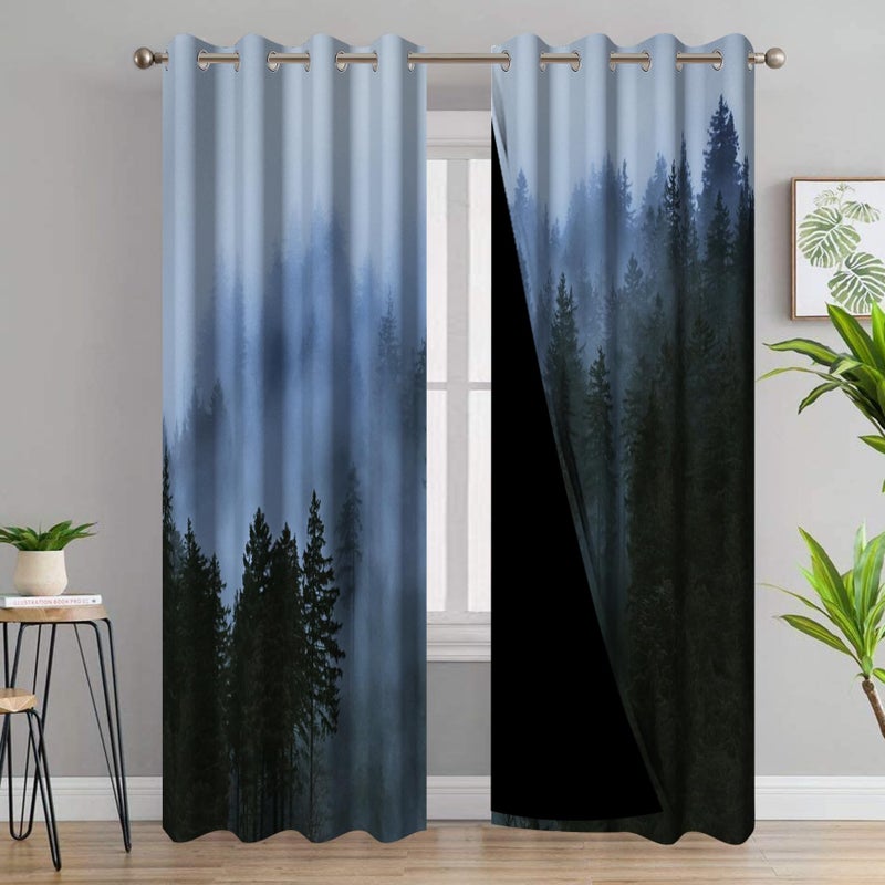 AWERT Blackout Curtains for Bedroom Light Blue Tree with Fog Nature Forest Curtains 2 Panels for Living Room Heat Blocking 42x84inch - Image 2