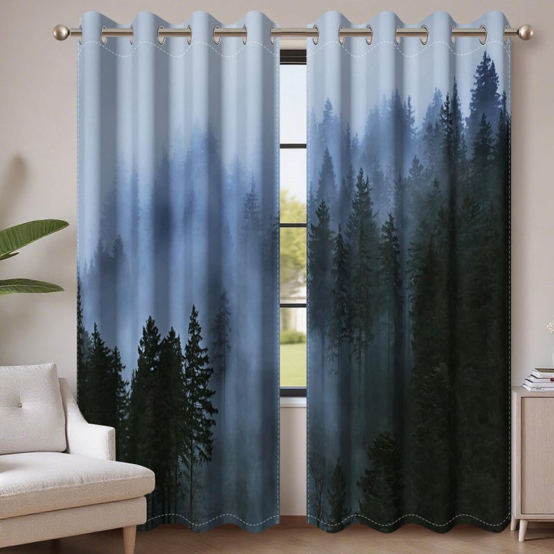 AWERT Blackout Curtains for Bedroom Light Blue Tree with Fog Nature Forest Curtains 2 Panels for Living Room Heat Blocking 42x84inch - Image 1