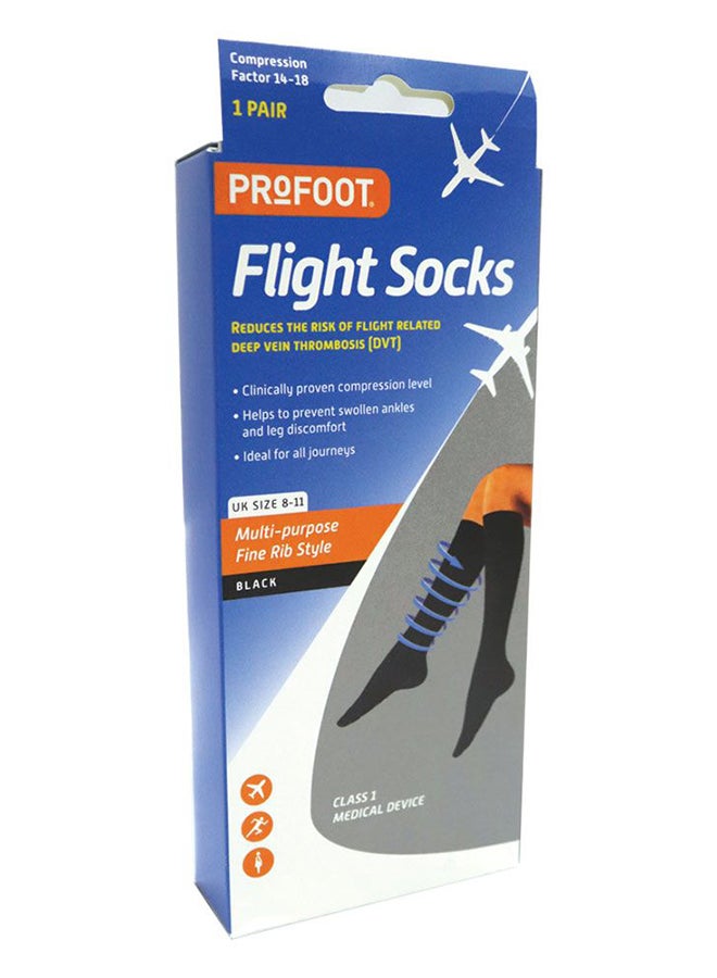 Flight Socks Ribbed Black Uk Size 8-11, 1 Pair P72002 And 2