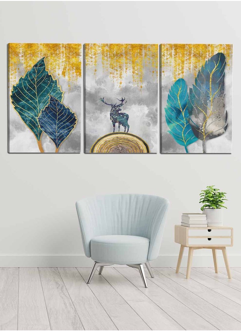 LOWHA Set Of 3 Framed Canvas Wall Arts Stretched Over Wooden Frame, Deer Feathers Paintings, For Home, Living Room, Office Decor  - Image 1