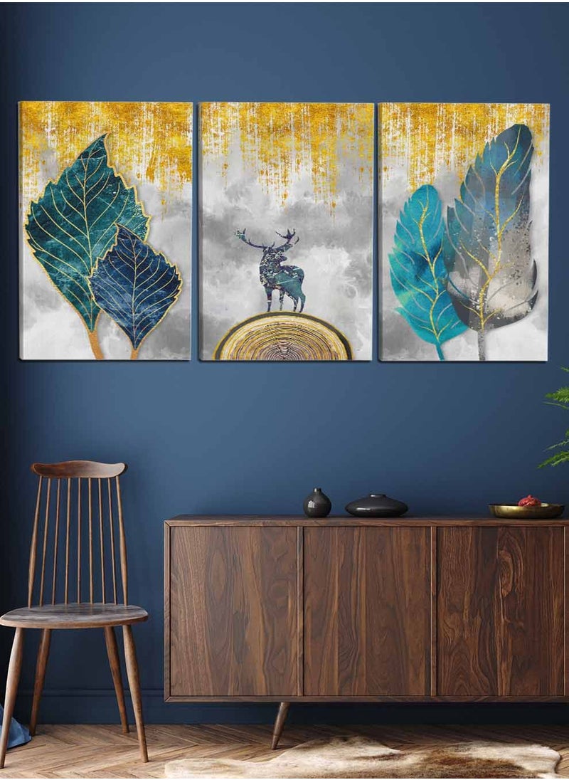 LOWHA Set Of 3 Framed Canvas Wall Arts Stretched Over Wooden Frame, Deer Feathers Paintings, For Home, Living Room, Office Decor  - Image 2