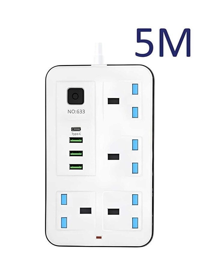 مشترك كهربائي عالمي 2500 واط – سلك تمديد قوي بطول 5 متر مع 4 مقابس AC و3 منافذ USB ومنفذ Type-C PD | مشترك متعدد المقابس مع حماية من الحمل الزائد والاشتعال والكهرباء الساكنة | شحن سريع ذكي للأجهزة المنزلية، المكتب، اللابتوب، الهواتف والإلكترونيات – موديل JAD 633، أبيض - Image 1