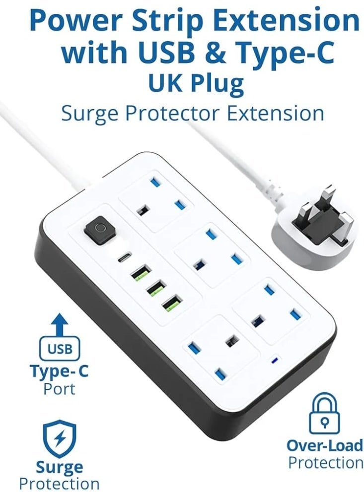 مشترك كهربائي عالمي 2500 واط – سلك تمديد قوي بطول 5 متر مع 4 مقابس AC و3 منافذ USB ومنفذ Type-C PD | مشترك متعدد المقابس مع حماية من الحمل الزائد والاشتعال والكهرباء الساكنة | شحن سريع ذكي للأجهزة المنزلية، المكتب، اللابتوب، الهواتف والإلكترونيات – موديل JAD 633، أبيض - Image 2