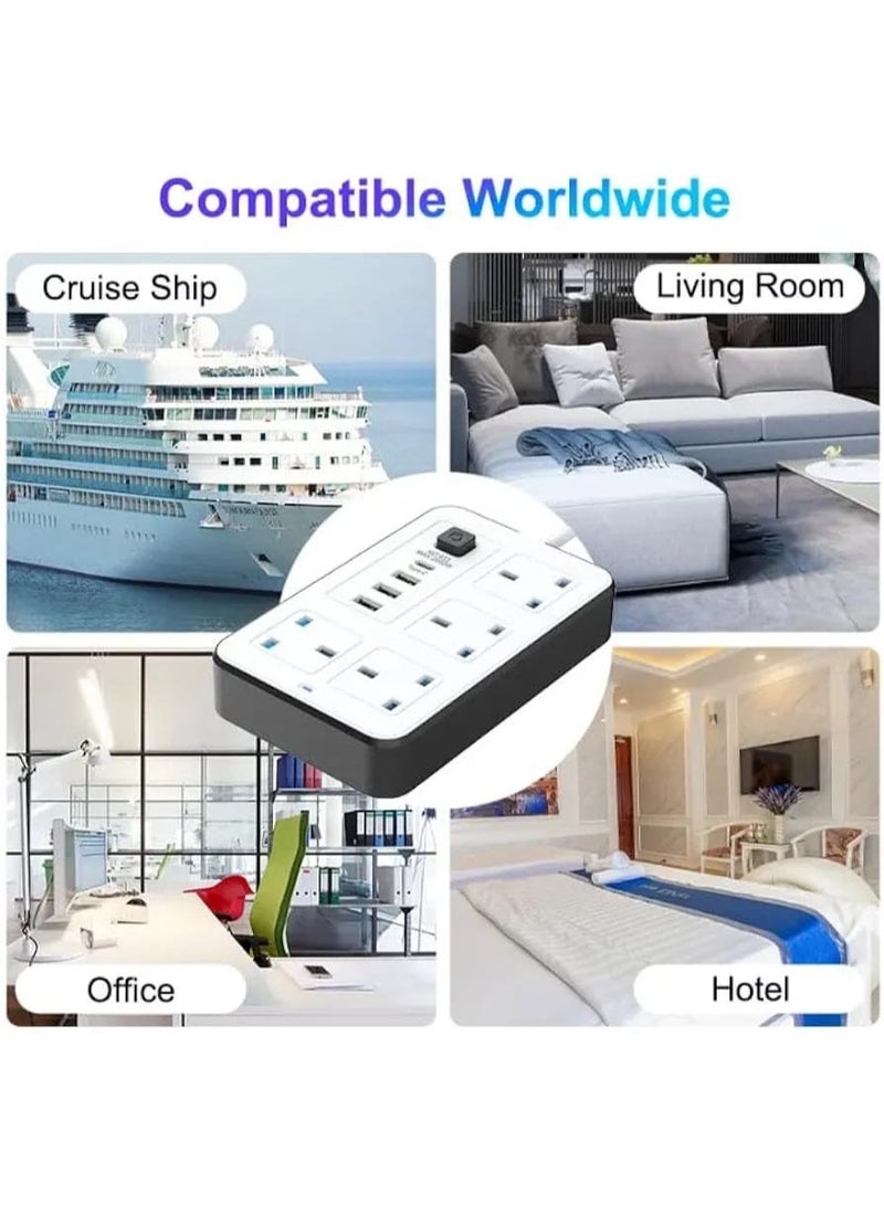 مشترك كهربائي عالمي 2500 واط – سلك تمديد قوي بطول 5 متر مع 4 مقابس AC و3 منافذ USB ومنفذ Type-C PD | مشترك متعدد المقابس مع حماية من الحمل الزائد والاشتعال والكهرباء الساكنة | شحن سريع ذكي للأجهزة المنزلية، المكتب، اللابتوب، الهواتف والإلكترونيات – موديل JAD 633، أبيض - Image 4