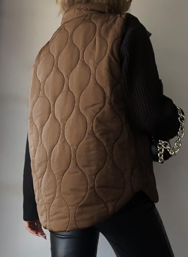 EVALESS Casual Cropped Puffer Vest Women Plus Size Lightweight Quilted Stand Collar Sleeveless Jackets Fall Winter 2025 Button Zip Up Warm Coat Outerwear with Pockets Brown XX-Large - Image 4