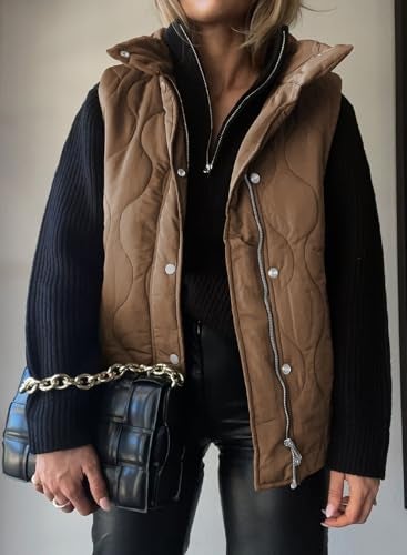 EVALESS Casual Cropped Puffer Vest Women Plus Size Lightweight Quilted Stand Collar Sleeveless Jackets Fall Winter 2025 Button Zip Up Warm Coat Outerwear with Pockets Brown XX-Large - Image 2