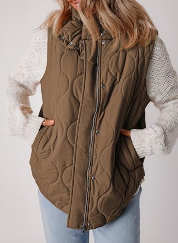 EVALESS Casual Cropped Puffer Vest Women Plus Size Lightweight Quilted Stand Collar Sleeveless Jackets Fall Winter 2025 Button Zip Up Warm Coat Outerwear with Pockets Brown XX-Large - Image 5