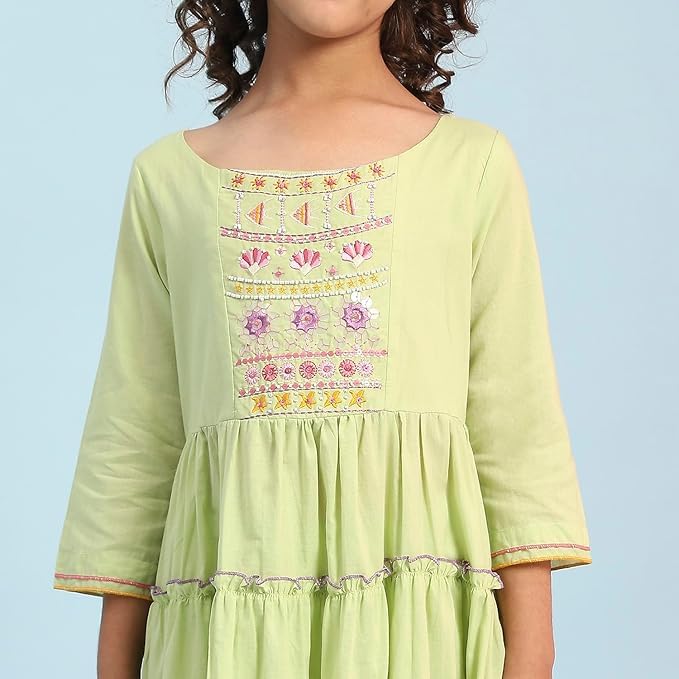 BIBA Girls Green Cotton Tiered Solid Suit Set_8-9Y - Image 4