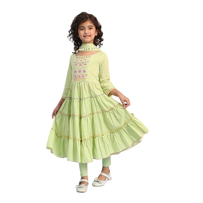 BIBA Girls Green Cotton Tiered Solid Suit Set_8-9Y - Image 1