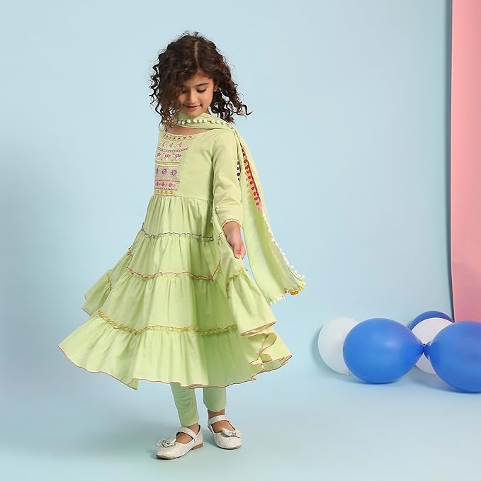 BIBA Girls Green Cotton Tiered Solid Suit Set_8-9Y - Image 3