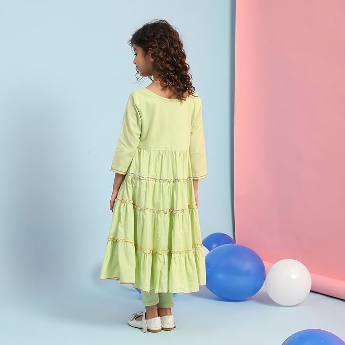 BIBA Girls Green Cotton Tiered Solid Suit Set_8-9Y - Image 2