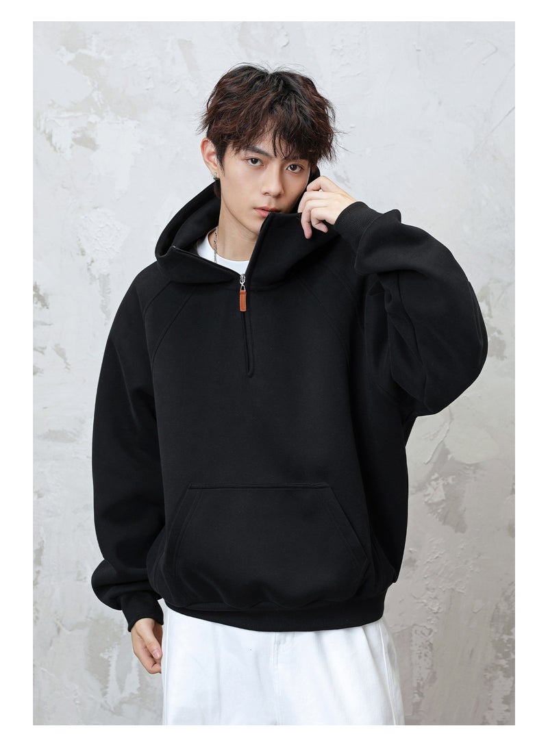 NIBEMINENT Split Half-Zip Heavyweight Hoodie Men, Autumn and Winter Style, Textured Thickened Half-High Collar Solid Color Hoodie - Image 2
