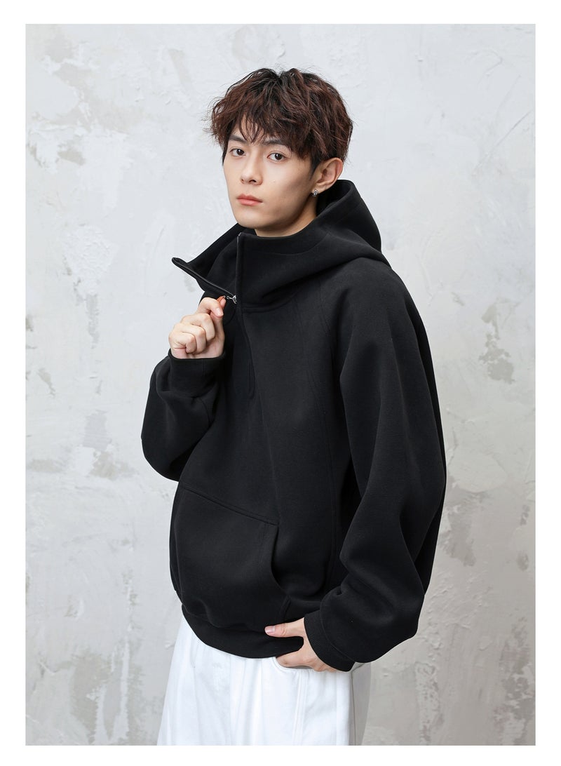 NIBEMINENT Split Half-Zip Heavyweight Hoodie Men, Autumn and Winter Style, Textured Thickened Half-High Collar Solid Color Hoodie - Image 3