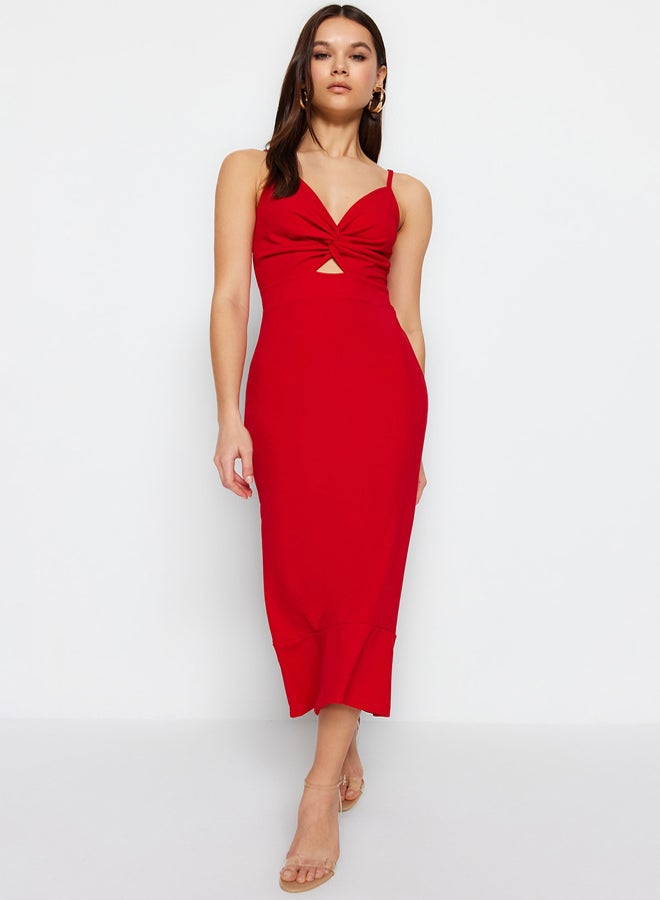 trendyol Red Crepe, Fitted Straps Cut Out Detailed Ruffles Sweetheart Neck Mini Knitted Dress - Image 3