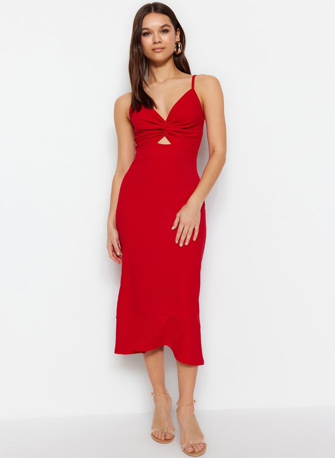 trendyol Red Crepe, Fitted Straps Cut Out Detailed Ruffles Sweetheart Neck Mini Knitted Dress - Image 2
