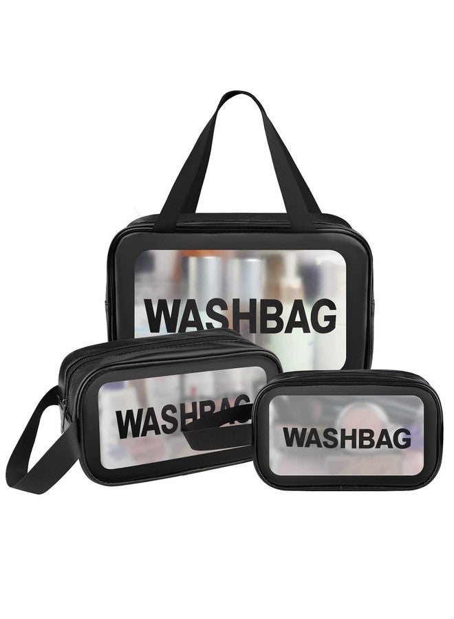 OffyBird Set of 3 Clear Makeup Pouches for Women - Travel Toiletry Bags, Waterproof Cosmetic Organizer, Portable Wash Bag for Cosmetics, Brushes & Accessories (Black) - Image 1