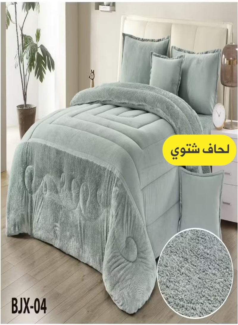 مون مفرش شتوي نفر ونص نظام وجهين (مخمل × فرو) – طقم مفارش 4 قطع يشمل لحاف، شرشف مطاطي، غطاء وسادة وغطاء مخدة، يناسب سرير مقاس 120×200 سم - Image 1