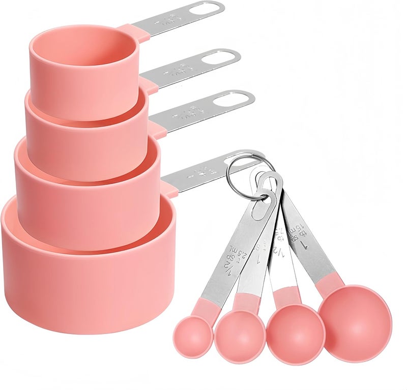 RUNZI 8 Pcs Measuring Cups and Spoons Set, Includes 4 Stainless Steel Nesting Measuring Cups & 4 Mini Measuring Spoons,Stackable Handle Accurate Tablespoon for Measuring Dry and Liquid Ingredients(Pink) - Image 1