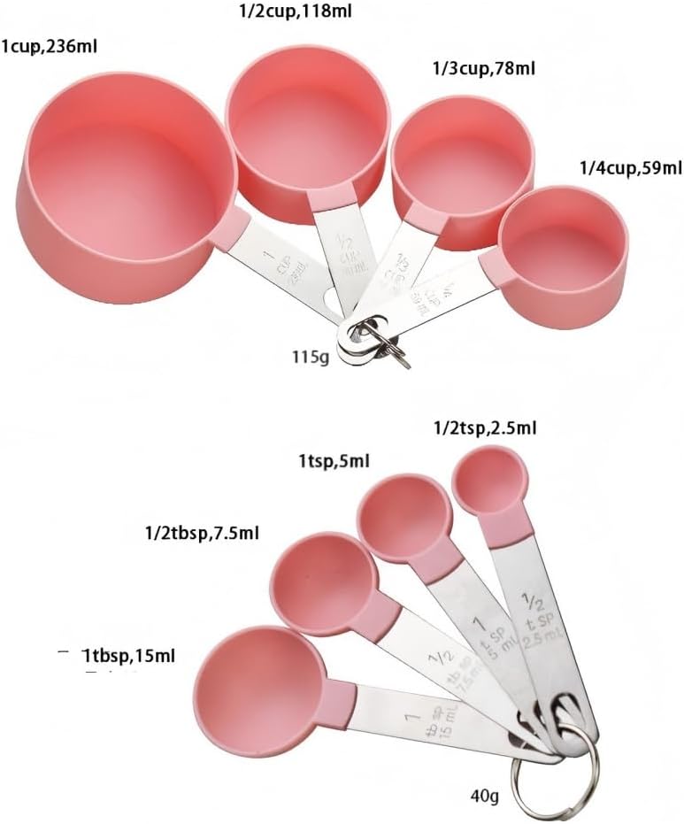 RUNZI 8 Pcs Measuring Cups and Spoons Set, Includes 4 Stainless Steel Nesting Measuring Cups & 4 Mini Measuring Spoons,Stackable Handle Accurate Tablespoon for Measuring Dry and Liquid Ingredients(Pink) - Image 2
