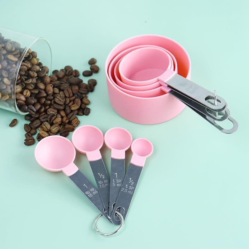 RUNZI 8 Pcs Measuring Cups and Spoons Set, Includes 4 Stainless Steel Nesting Measuring Cups & 4 Mini Measuring Spoons,Stackable Handle Accurate Tablespoon for Measuring Dry and Liquid Ingredients(Pink) - Image 4