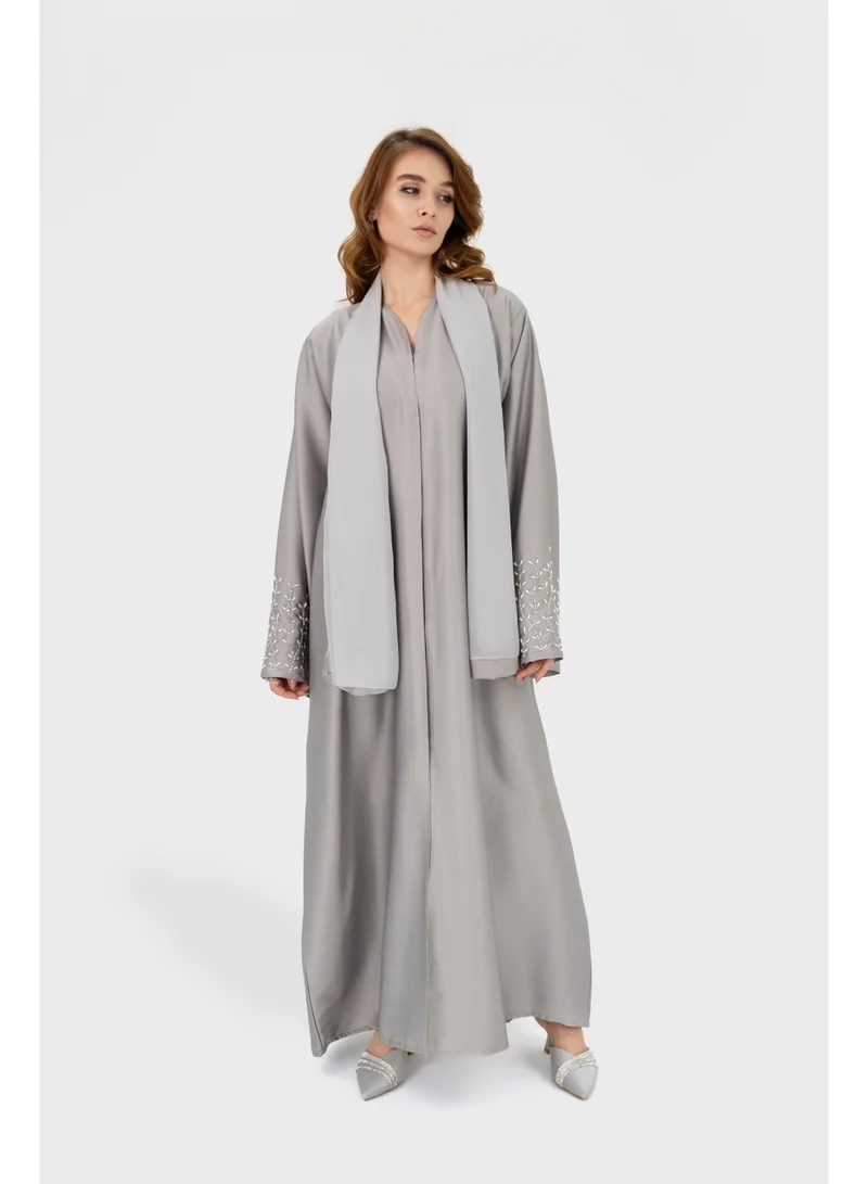 Ophelia MARA Abaya for Women – Elegant Silver Sheen Modest Abaya with Long Sleeves