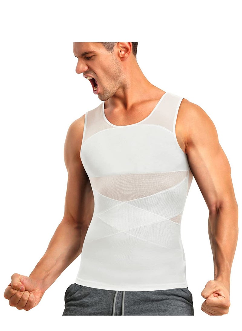 Generic Compression Shirt for Men Slimming Undershirt Body Shaper Tank top for gynecomastia Sleeveless Shapewear Vest Men White L - Image 1